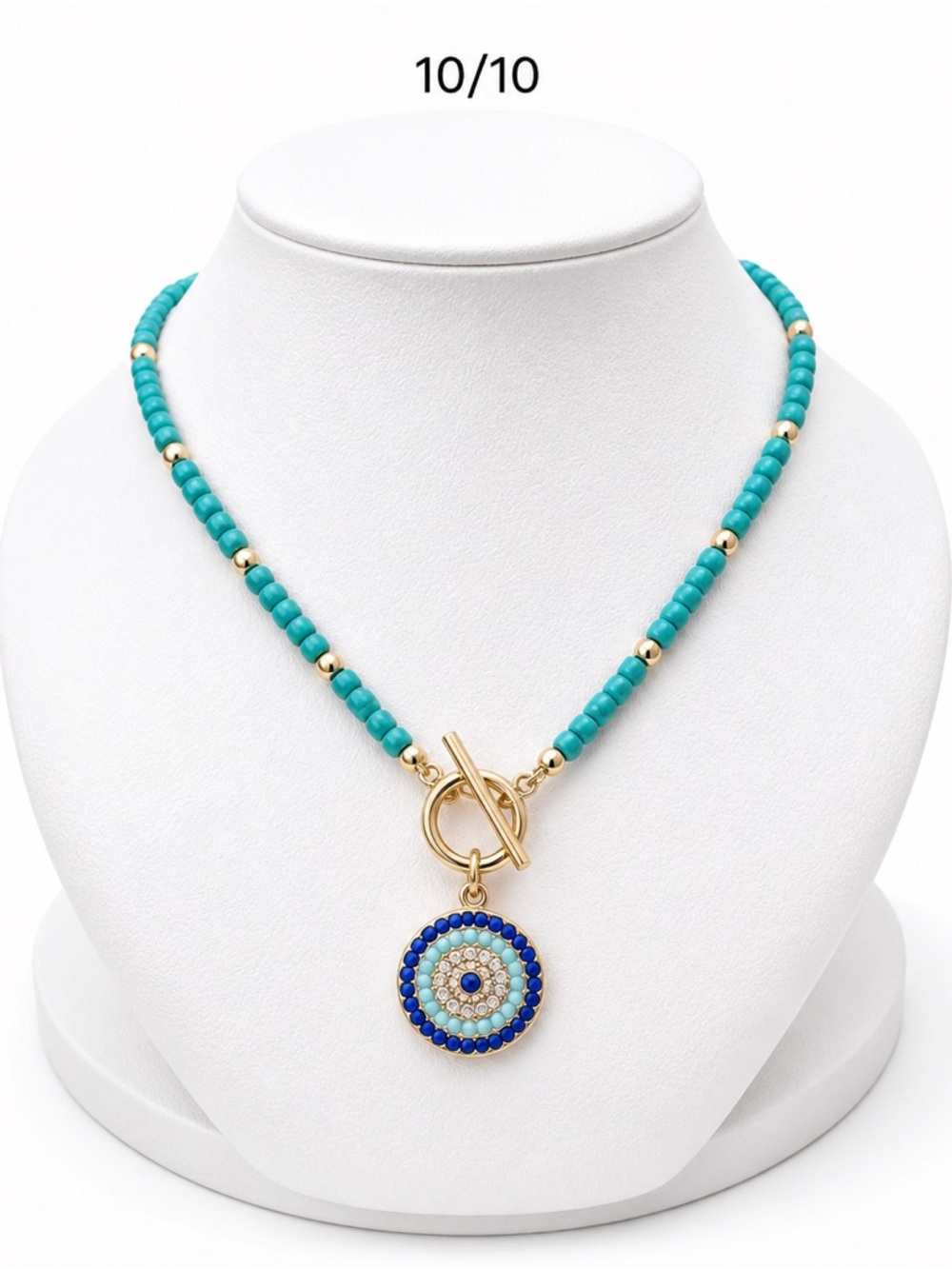Gold-Tone Turquoise Bead Necklace with Blue Evil Eye Pendant - Picture 7 of 7